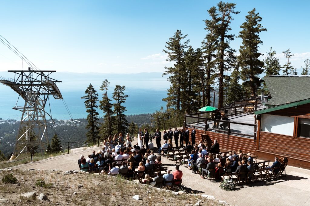 Wedding ceremony at Heavenly Mountain Resort in South Lake Tahoe, California with gorgeous mountain views. 